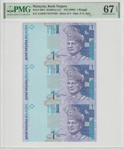2000 MALAYSIA RM1 UNCUT 3IN1 SHEET OF 3 SUPERB GEM UNC PMG 67 EPQ - Picture 1 of 1