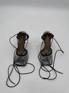 EGO Rhinestone Leather Stiletto Pumps Women's 9 Black Strappy Fashion Square Toe - Picture 1 of 13