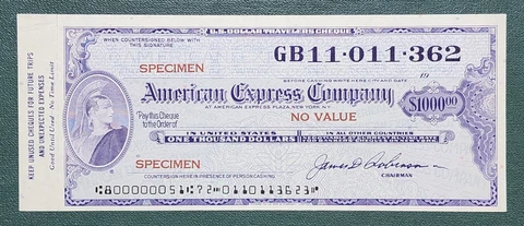 American Express Unlisted Travelers Cheque 1000 United States Dollar Specimen AU Cover