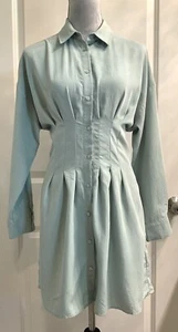 Bershka Pintuck Mini Dress Y2K Babydoll Green Classic M Workwear Business Casual - Picture 1 of 9