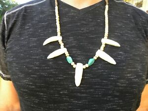 Swamp style choker necklace Alligator tooth teeth bones beads genuine turquoise