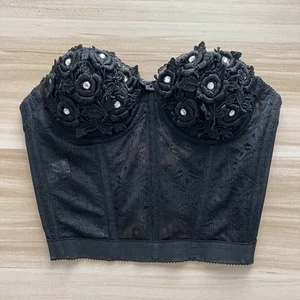 Gelmart Vintage schwarz Spitze Bustier Korsett trägerlos 32B Mesh Strass Applikation - Bild 1 von 24