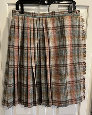 "Falda plisada de lana marrón pastel vintage falda escocesa flecos laterales 30"" cintura talla 10" Foto 1 de 4