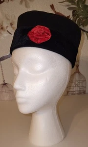 Copper Key girls Pillbox Black Knit Winter Hat Red rose Faux FUR - Picture 1 of 6