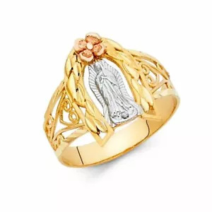 Anillo de oro sólido sólido de tres tonos reales de 14 K Virgen de Guadalupe - Imagen 1 de 3
