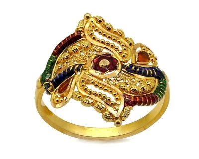 22KT YELLOW GOLD FILIGREE WORK RAJASTHANI HAND WORK COLOR ENAMEL RING GIFTING - Image 1 of 2