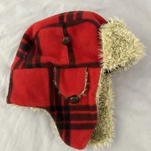 GapKids Boys Red Plaid Fleece Trapper Winter Hat S/M Faux Fur Ear Flaps Cap Warm - Picture 1 of 11