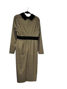Retro Long-Sleeve Geometric Print Dress With Black Collar & Waistband NEW 2XL - Picture 1 of 5