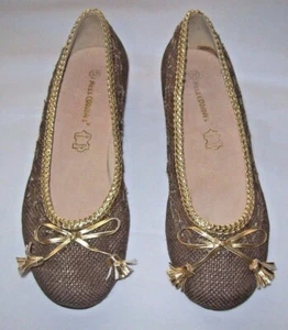 Miss Coquines Shoes Sz 37 6.5 Brown Canvas Gold Leather Ballet Flats Tassel - Picture 1 of 6