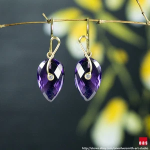 NEW . Pure 18k 14k  Amethyst Earrings with " Diamond Polaris Solitaire " Earwire - Picture 1 of 12