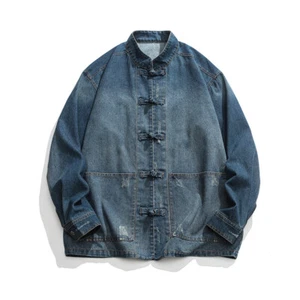 Giacca Denim Casual Uomo Hanfu Mandarino Collare Cinese Bottone Rana Cappotto Camicia - Foto 1 di 15