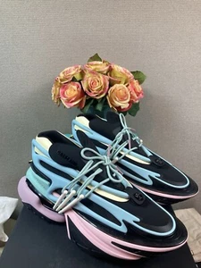 NWT BALMAIN Men’s Unicorn Neoprene Pink Blue Low Top Sneakers - EU 45 = US 12 - Picture 1 of 11