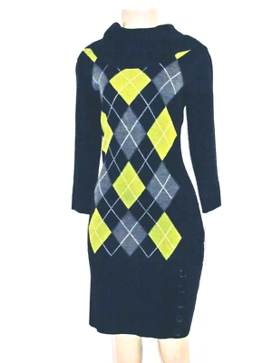 NUEVO CON ETIQUETAS VESTIDO SUÉTER STUDIO ONE VERDE GEOMÉTRICO COLOR BLOQUE CAPUCHA CUELLO MANGA 3/4 M Foto 1 de 4