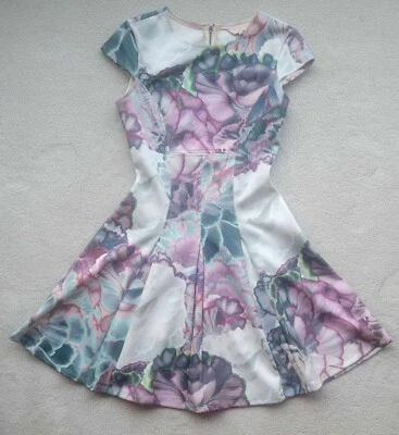 TED BAKER Floral Purple Teal Blues Grey Skater Dress ‘Illuminated' - Sz 6 (UK 2) - Image 1 of 4