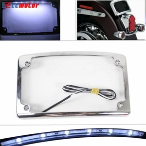 MOTORCYCLE LICENSE PLATE FRAME CURVED LED BRAKE LIGHT COVER FRAME 4 X 7 CHROME - Picture 1 of 11