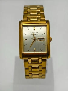 Vintage Mens Citizen Tank 1002-S99299 Gold Tone Day Date Quartz Watch, Works! - Picture 1 of 8