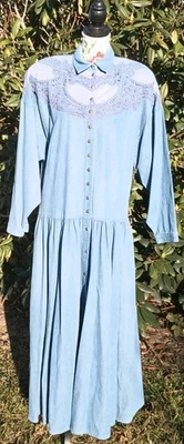 Vintage Denim Shirt Dress Lace Applique Western Button Up Maxi Midi Cowgirl XL - Image 1 of 4