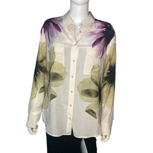 Equipment Femme Digital Flower Signature Silk Button Up Top Chalk Pink Multi M - Picture 1 of 7