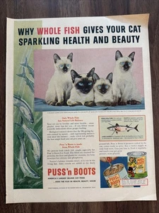 Puss ‘n Boots Americas Largest Selling Cat Food Print Ad Whole Fish Siamese VTG - Picture 1 of 11