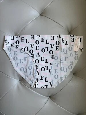 NWT Victoria's Secret Satin Ivory Love VS Print Felt No Show Bikini Panty M Rare - Image 1 of 3