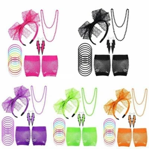 80's Neon Fancy Dress Accessories Dance Party Fishnet Costume Glove Earrings UK - Picture 1 of 15