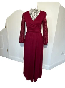 Mamine Red Lace Dress S Long Sleeve Formal Pockets Stretchy Empire Waist New - Picture 1 of 12