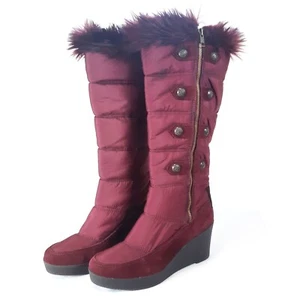 Juicy Couture Knee-High Wedge Boots Burgundy Faux Fur Trim Women's Size 7.5 - Picture 1 of 11