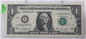 1 $ US Federal Reserve Schein UNCIRC. Ausgefallene Seriennr. 4 of a KIND 3s 40363363 X102 - Bild 1 von 2