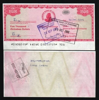 ZIMBABWE 5000 DOLLARS P-16 2003 x 1 Pcs Travelers CHEQUE ZIMBABWEAN BANK NOTE - Image 1 of 3