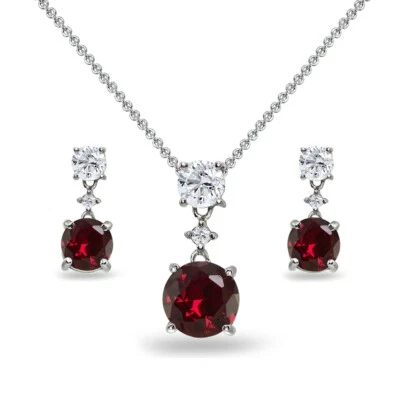 Round Created Ruby & White Topaz Dangling Necklace & Stud Earrings Set in Silver - Image 1 of 3