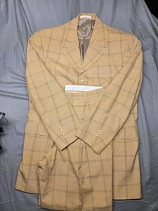 Stacy Adams Suit Mens 40R Tan Plaid Blazer Jacket Pants 33 Classic 2 Piece Set - Picture 1 of 12