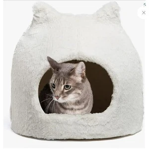 New Meow Hut Faux Fur Kitten Cat Shape Ivory Cream Plush Soft Washable Pet Bed - Picture 1 of 4