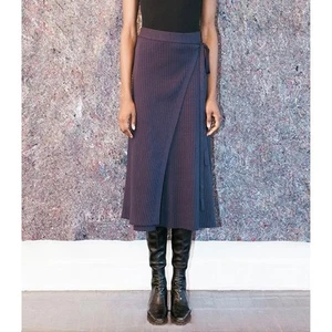 Pari Desai Knitted Wrap Skirt Medium Midi Ribbed Navy Blue Waist Tie $365 MSRP - Picture 1 of 12