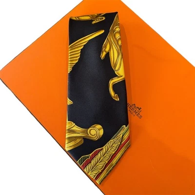 Галстук HERMES Silk Baroque Pegasus Horse черный шелк сделано во Франции - Изображение 1 из 3