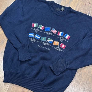 Vintage Structure Sweater Mens M Blue Mountain Peaks World Embroidered Pullover - Picture 1 of 8