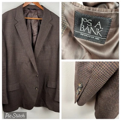 Jos A Bank Blazer 54R Brown Blue Houndstooth Check 100% Wool Sport Coat Jacket - Image 1 of 4