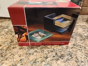 GREAT GIFT!! Coasters Home Glass Photo with Wood Holder New - Picture 1 of 7