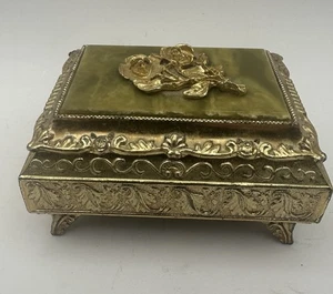 Vintage Gold Gilded Raised Rose Footed Red Velvet Interior Trinket Jewelry Box - Picture 1 of 13