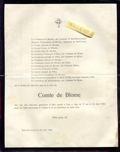 faire-part de décès de Mr. le Comte de Blome . Bad Kissingen. 1906 - Imagen 1 de 1