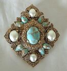 VTG SARAH COVENTRY FAUX PEARL TURQUOISE ORNATE GOLD TONE BROOCH PENDANT 3"