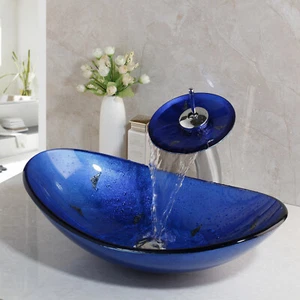 Blue Bathroom Vessel Basin Sink Oval Tempered Glass Basin Deck Mount With Faucet - Picture 1 of 6