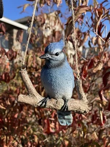 Home Garden Hanging Blue Jay Bird Perching on Branch Figurine Decor - Picture 1 of 8