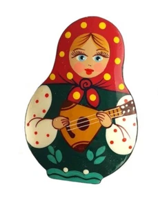 Brooch Russian - Matryoshka With Balalaika - Hand Painted By One Artist - Picture 1 of 1