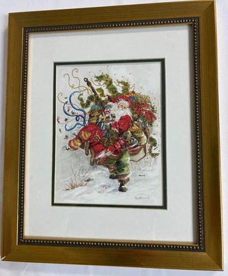 Windswept Magic by Peggy Abrams Gold Tone Framed & Matted Christmas Santa - Image 1 of 4