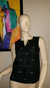 EILEEN FISHER  Black White Rnd Split Neck Shell Nomadic Stripes Sz Xs  $138 NWT - Picture 1 of 8