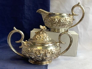 Stieff Sterling Silver Creamer & Sugar Dish Hand Chased Baltimore Rose 819.43g - Picture 1 of 24