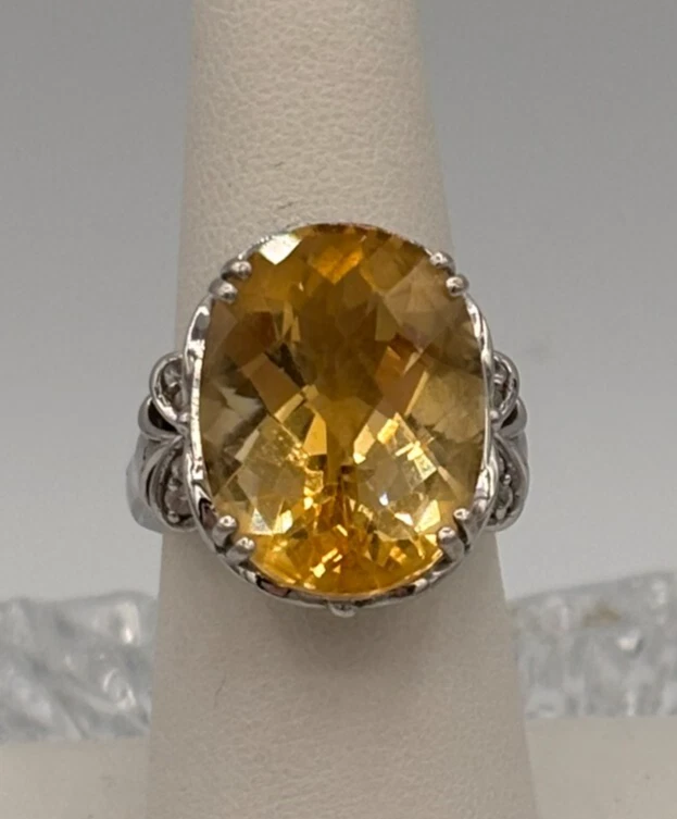 14.15 cttw checkerboard citrine w/ white zircon, women's silver rjng size 8 - Image 1 of 1