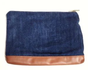 Loft Denim and Faux Leather Pouch Cosmetics Travel Bag Dark Denim Blue Brown NWT - Picture 1 of 12