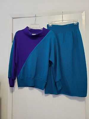 Conjunto de saia suéter Vivanti vintage anos 80 azul-petróleo e roxo tamanho 10 - Imagem 1 de 4