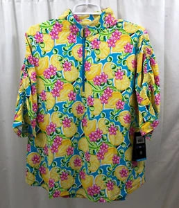 Women's Ibkul Elbow Ruched Sleeve Shirt XL NWT Lemons - Picture 1 of 3